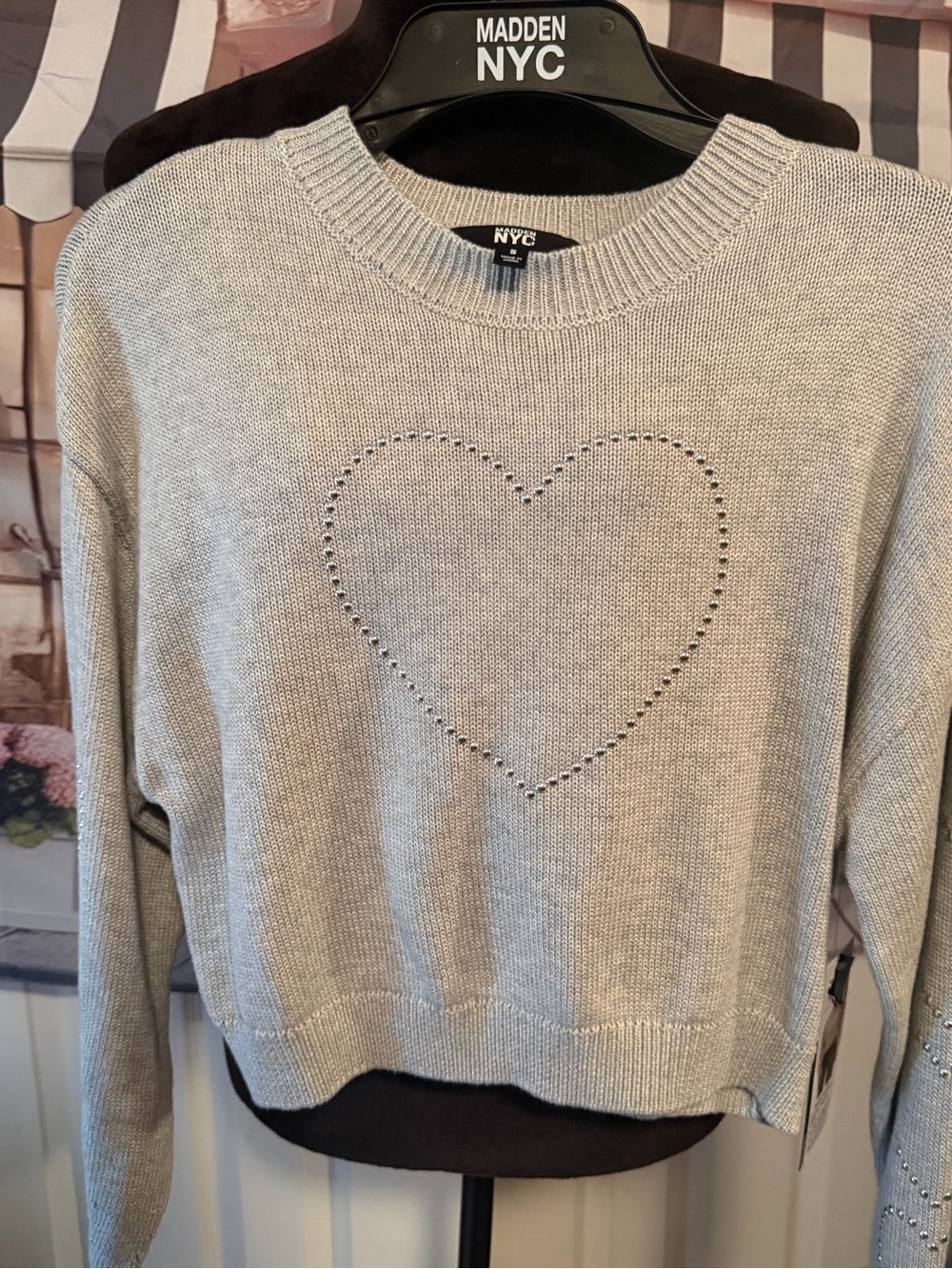 NYC Gray Crewneck Sweater with Pierced Heart Detail